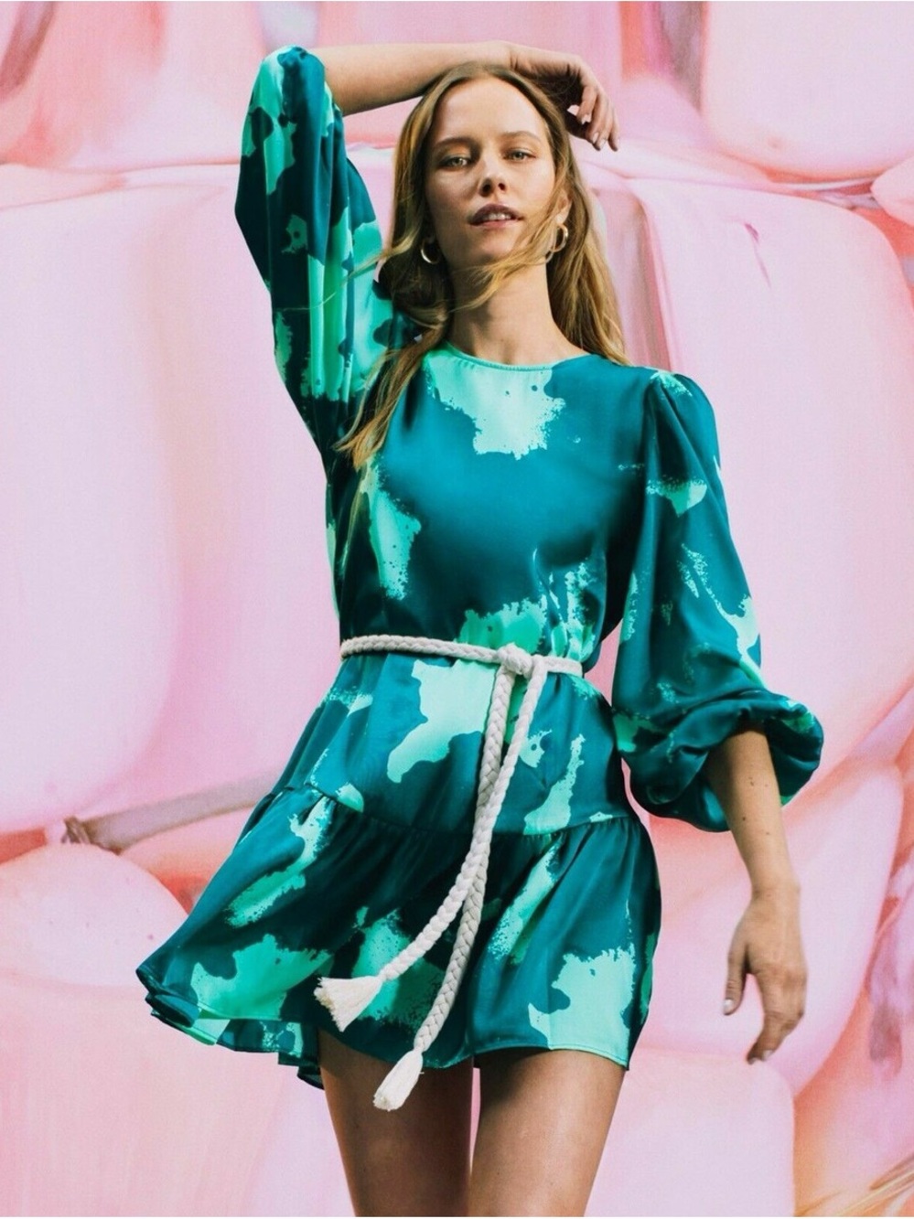 Alexis Teal & Aqua Abstract Satin Mini Dress with Rope Belt